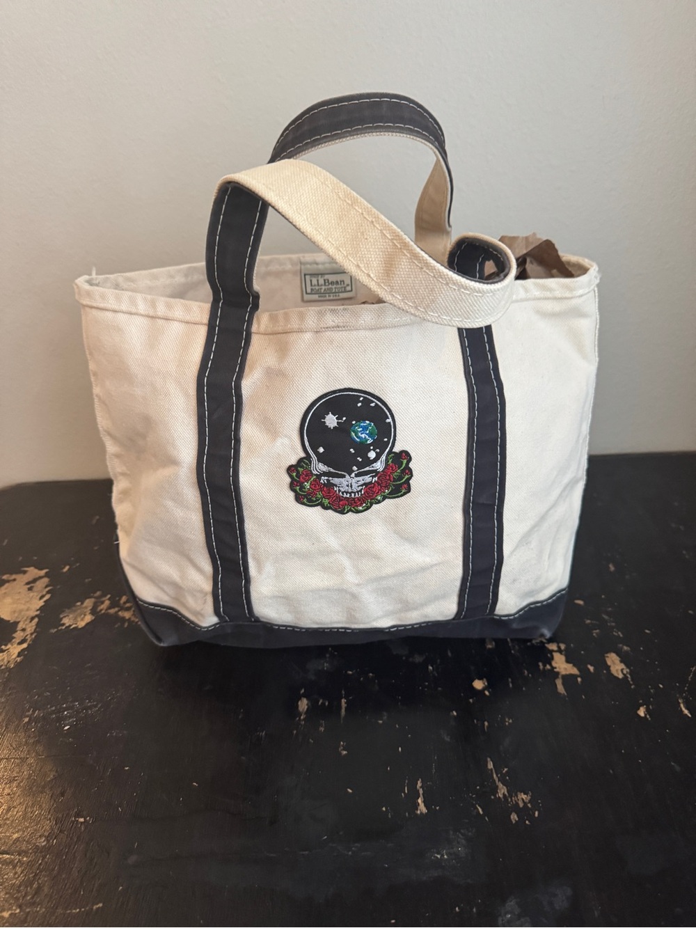 L.L. Bean Boat & Tote Cream Black w Grateful Dead Space ur Face patch. Up cycle